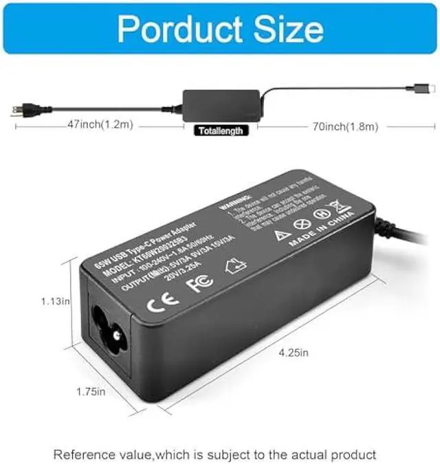 Alt view image 6 of 6 - 65W USB C Laptop Charger Compatible with Lenovo ThinkPad T14 T14s T15 T16 E14 E15 E16 T480 T480S T580S E480 E580 X1 Carboon Yoga 7i 9i C930 C940 X13 Chromebook C330 S330 Fast Power Adapter