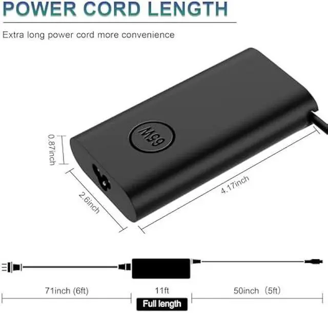 Alt view image 6 of 6 - Replacement for Dell 65W Laptop Charger USB C 45 Watt Slim Adapter - fit Latitude 5420 5540 5520 7420 5440, XPS 13 15, Chromebook 3100 - Fast Charging Type C Computer Long Power Cord