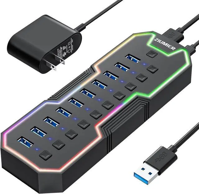 Main image of ZIUMIER Powered USB Hub, 10 Ports USB 3.0 Hub with RGB LED Strip and 12V/2A Power Adapter USB Extension for MacBook, Mac Pro, Mac mini, iMac, Surface Pro, XPS, PC, Flash Drive, Mobile HDD