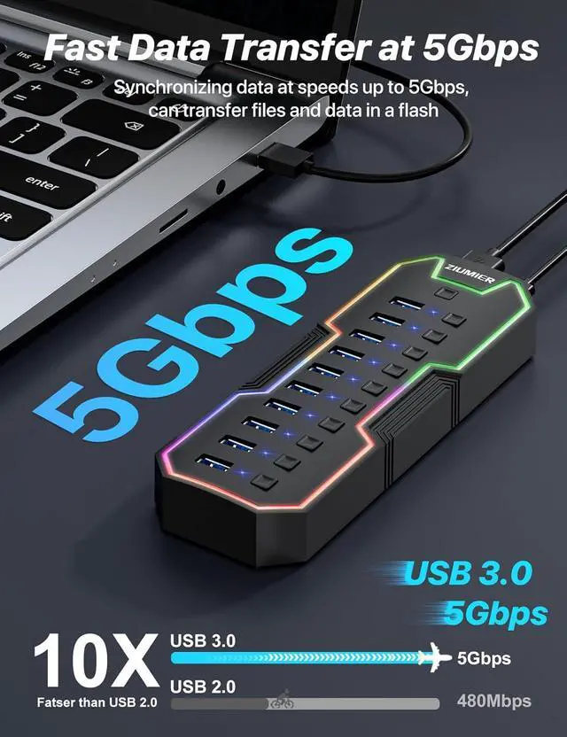 Alt view image 2 of 7 - ZIUMIER Powered USB Hub, 10 Ports USB 3.0 Hub with RGB LED Strip and 12V/2A Power Adapter USB Extension for MacBook, Mac Pro, Mac mini, iMac, Surface Pro, XPS, PC, Flash Drive, Mobile HDD