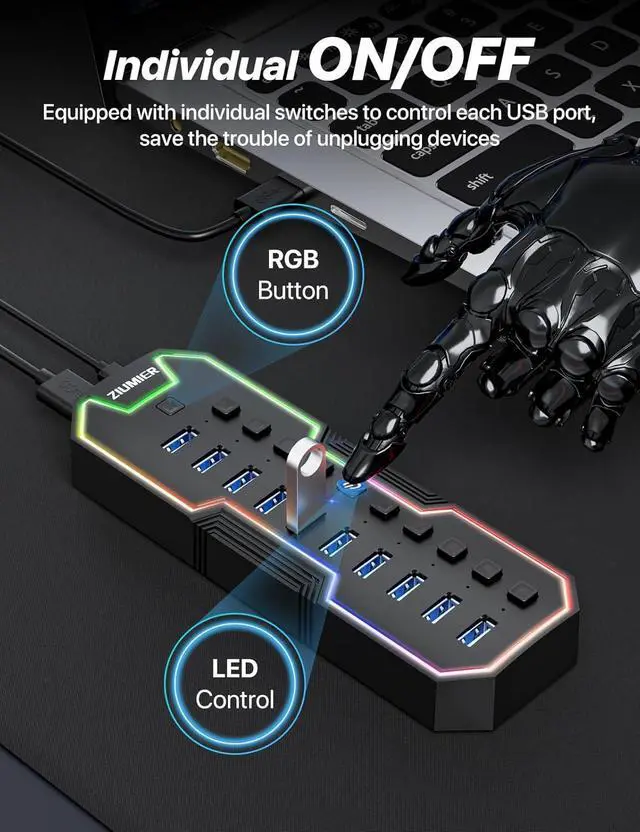 Alt view image 3 of 7 - ZIUMIER Powered USB Hub, 10 Ports USB 3.0 Hub with RGB LED Strip and 12V/2A Power Adapter USB Extension for MacBook, Mac Pro, Mac mini, iMac, Surface Pro, XPS, PC, Flash Drive, Mobile HDD