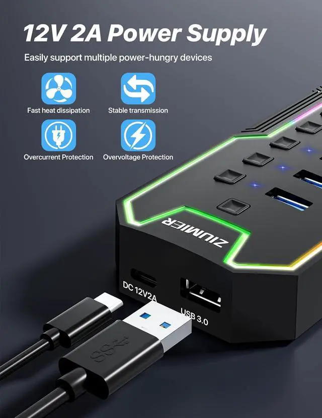 Alt view image 4 of 7 - ZIUMIER Powered USB Hub, 10 Ports USB 3.0 Hub with RGB LED Strip and 12V/2A Power Adapter USB Extension for MacBook, Mac Pro, Mac mini, iMac, Surface Pro, XPS, PC, Flash Drive, Mobile HDD