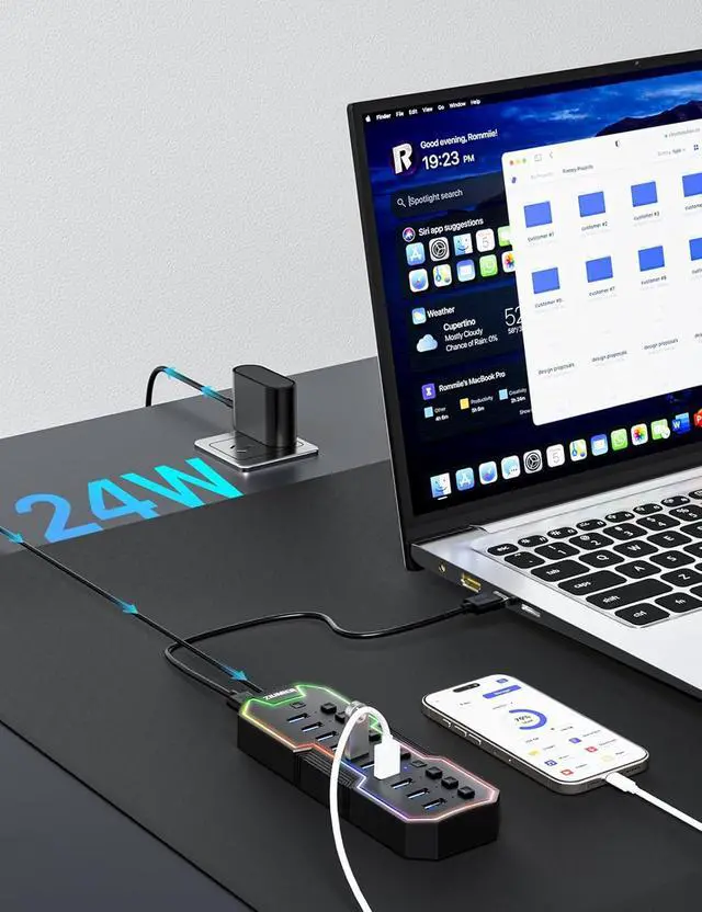 Alt view image 6 of 7 - ZIUMIER Powered USB Hub, 10 Ports USB 3.0 Hub with RGB LED Strip and 12V/2A Power Adapter USB Extension for MacBook, Mac Pro, Mac mini, iMac, Surface Pro, XPS, PC, Flash Drive, Mobile HDD