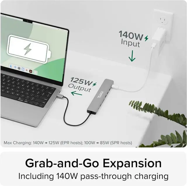 Alt view image 4 of 7 - Plugable USB C Hub Multiport Adapter: 9-in-1 with 140W PD Charging, 4K 60Hz HDMI, 10Gbps Data Transfer, Gigabit Ethernet, SD, for USBC, USB4, Thunderbolt MacBook, Windows, Chromebook (USBC-9IN1E)