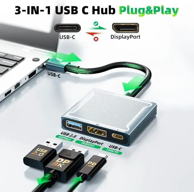 Alt view image 3 of 7 - USB C to DisplayPort Multiport Adapter Dock 3-in-1 Type C Hub with 1xDP 1.4 + 1xUSB 2.0 + 1xPD Charging Port(Type C) 8K 60Hz/ 100W PD/DP ALT Mode Supported for Macboo pro iPad pro Monitor