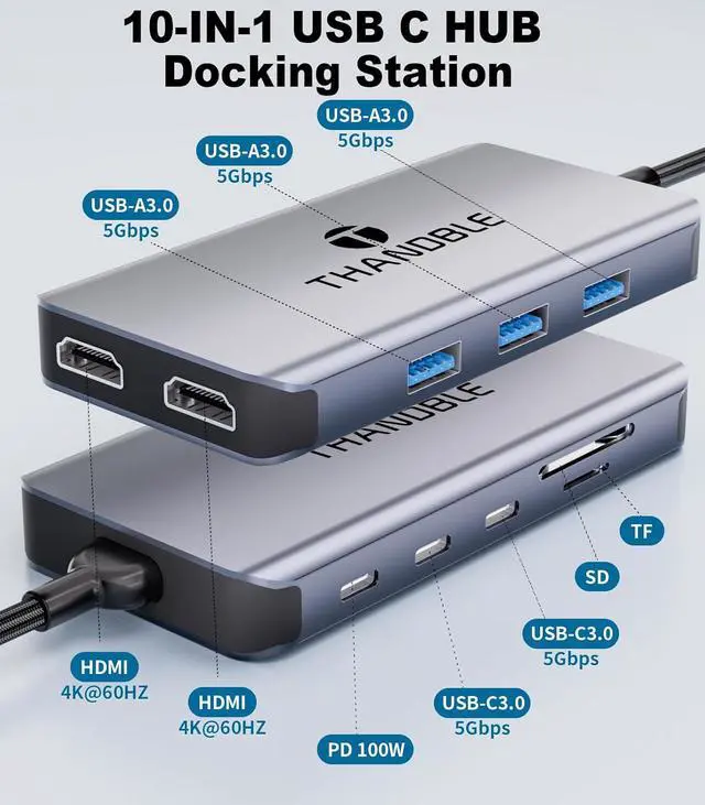 Alt view image 2 of 7 - USB C Hub USB C Docking Station Dual Monitor 10 in 1 Multi Monitor Adapter with 2 HDMI, 3 USB-A, 2 Type-C, SD/TF, 100W PD Charging, Dongle for MacBook/Dell/HP/Lenovo ThinkPad/Surface