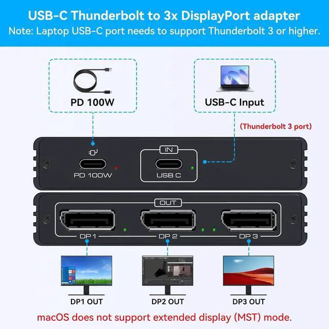 Alt view image 3 of 7 - USB C to DisplayPort Splitter 4K@60Hz DisplayPort MST Hub for Triple Monitors with 100W PD Supports Extended Mirror Mode (Mac OS Only Mirror) Compatible with Thunderbolt 3/4/5 Laptops Windows