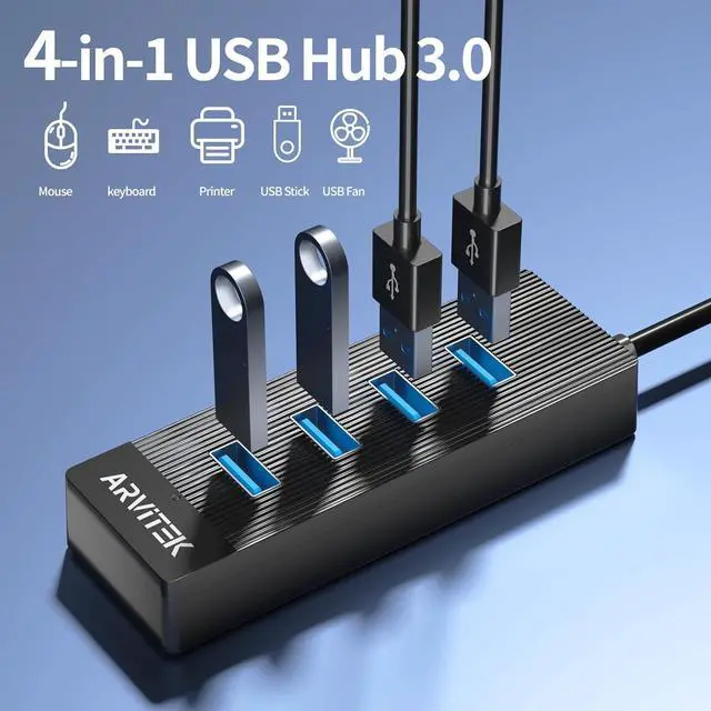 Alt view image 2 of 6 - 10Ft 4-Port USB 3.0 Hub for Desktop, USB Extender Hub 5Gbps, USB Multiport Adapter, USB Splitter w/Long Cable for Desktop, PC, Flash Drive, Mobile HDD (10Ft/3m)