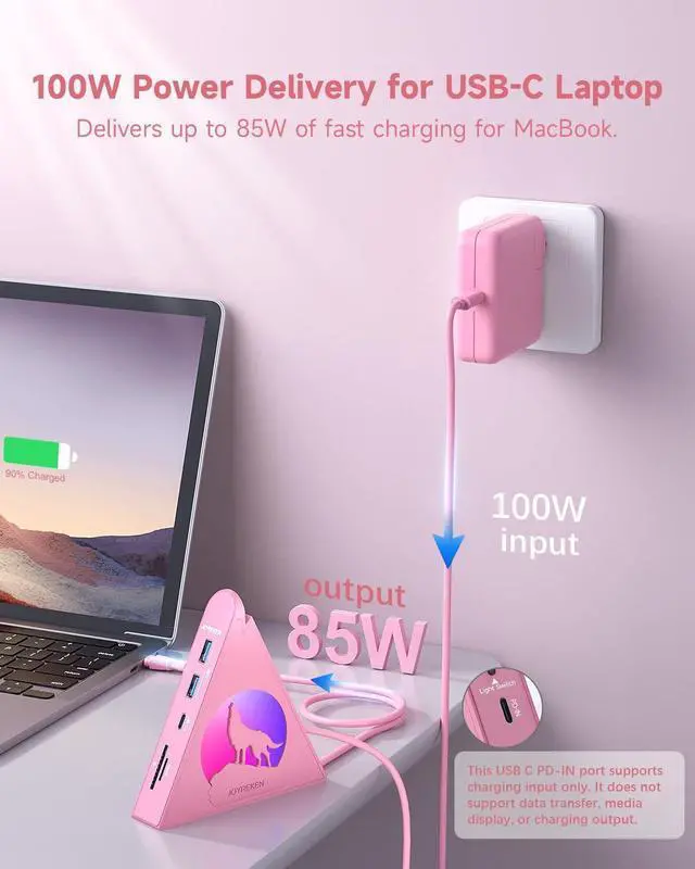 Alt view image 2 of 7 - Pink USB C Hub, 8-in-1 Type C Hub with 4K HDMI, 100W Power Delivery, 5Gbps USB-C, 3xUSB-A 3.0, SD/TF Card Reader, RGB Lighting, Pink Dock for MacBook Air/Pro, iPad, iPhone16, Surface, XPS, etc.