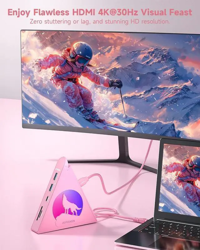 Alt view image 3 of 7 - Pink USB C Hub, 8-in-1 Type C Hub with 4K HDMI, 100W Power Delivery, 5Gbps USB-C, 3xUSB-A 3.0, SD/TF Card Reader, RGB Lighting, Pink Dock for MacBook Air/Pro, iPad, iPhone16, Surface, XPS, etc.