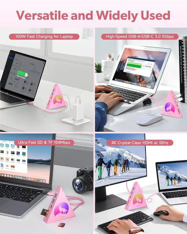 Alt view image 5 of 7 - Pink USB C Hub, 8-in-1 Type C Hub with 4K HDMI, 100W Power Delivery, 5Gbps USB-C, 3xUSB-A 3.0, SD/TF Card Reader, RGB Lighting, Pink Dock for MacBook Air/Pro, iPad, iPhone16, Surface, XPS, etc.