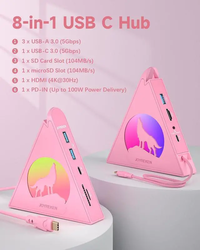Alt view image 7 of 7 - Pink USB C Hub, 8-in-1 Type C Hub with 4K HDMI, 100W Power Delivery, 5Gbps USB-C, 3xUSB-A 3.0, SD/TF Card Reader, RGB Lighting, Pink Dock for MacBook Air/Pro, iPad, iPhone16, Surface, XPS, etc.