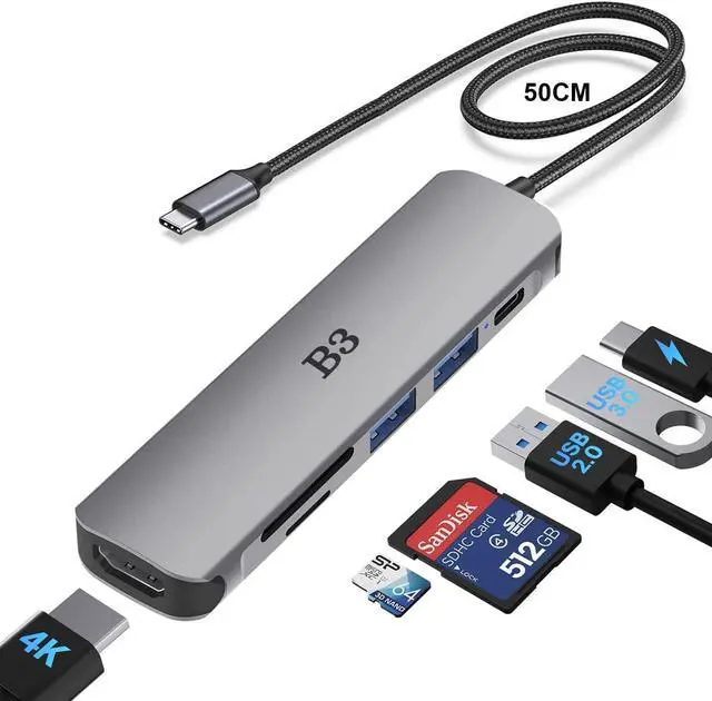 Main image of USB C Hub HDMI Adapter for MacBook Air Pro, 7 in 1 4K Dongle Multiport Converter with 50cm Cable, USB 3.0 5Gbps Data Transfer, 100W PD, SD/TF Card Slot, Digital AV Connector for Mac M1 M2 PC Laptop