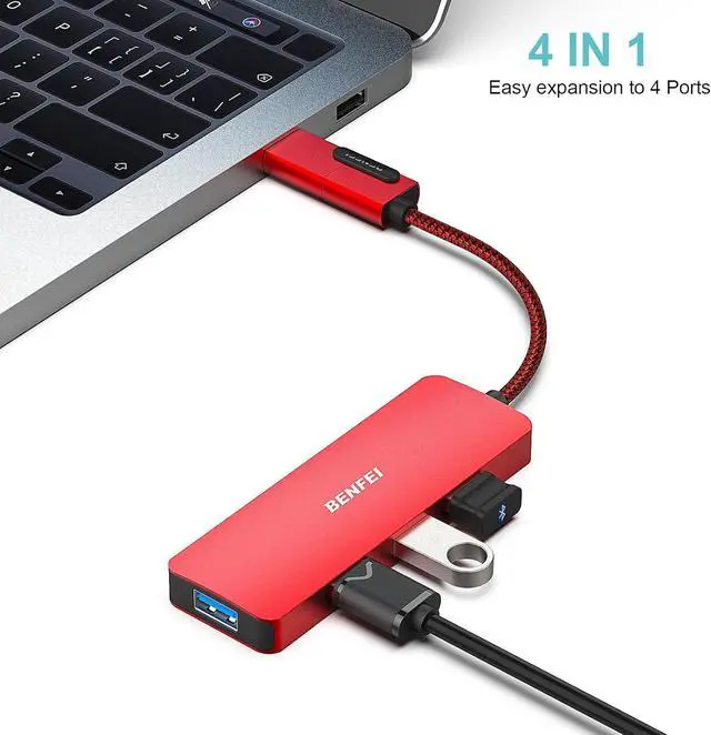 Alt view image 2 of 7 - BENFEI USB 3.0 Hub, USB-C HUB, 2-in-1 USB Type-A/Type-C Hub with 4 USB 3.0 Ports [Aluminum Shell, Nylon Braided] Compatible with iPhone 15 Pro/Max, MacBook Pro/Air 2023, iPad Pro, iMac, S23, XPS 17