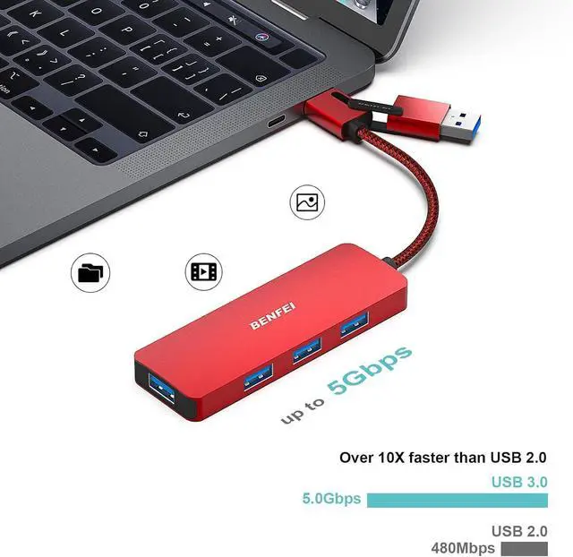 Alt view image 3 of 7 - BENFEI USB 3.0 Hub, USB-C HUB, 2-in-1 USB Type-A/Type-C Hub with 4 USB 3.0 Ports [Aluminum Shell, Nylon Braided] Compatible with iPhone 15 Pro/Max, MacBook Pro/Air 2023, iPad Pro, iMac, S23, XPS 17
