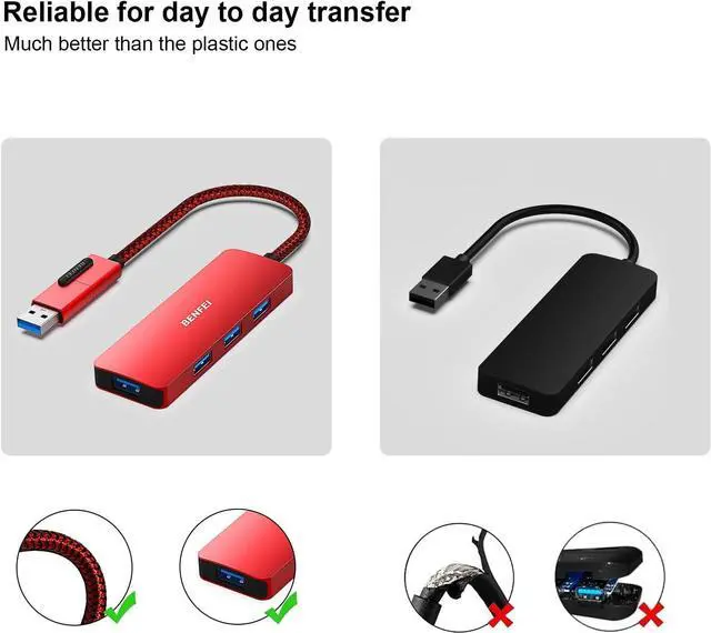 Alt view image 4 of 7 - BENFEI USB 3.0 Hub, USB-C HUB, 2-in-1 USB Type-A/Type-C Hub with 4 USB 3.0 Ports [Aluminum Shell, Nylon Braided] Compatible with iPhone 15 Pro/Max, MacBook Pro/Air 2023, iPad Pro, iMac, S23, XPS 17