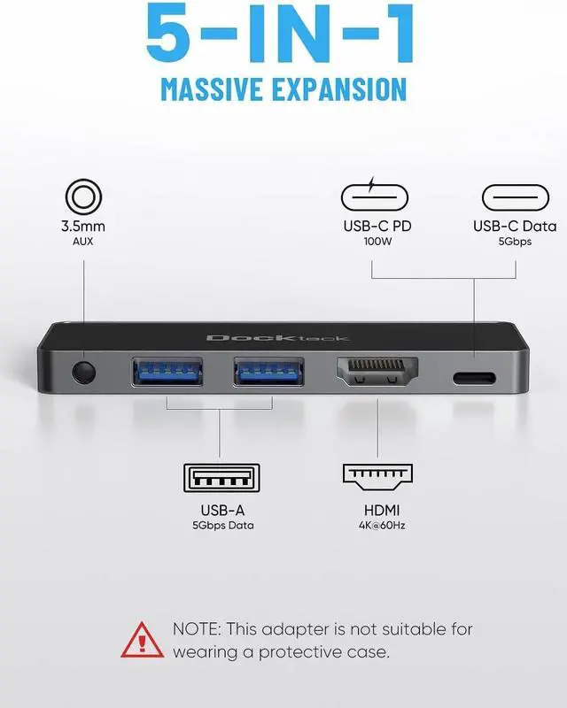 Alt view image 2 of 6 - iPad Pro USB C Hub Adapter, Dockteck 5 in 1 Dongle with 4K@60Hz HDMI, Type C to 3.5mm Audio Headphone Jack, 100W PD and 2 USB 3.0 for iPad Pro 2021 2020 M1 12.9/11, iPad Air 5/4, Mini 6
