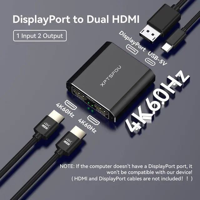 Alt view image 5 of 7 - DisplayPort to HDMI Splitter 4K60Hz DP to Dual HDMI Splitter 1 in 2 Out Extended Display with Power Cable Supports Extended and Mirror Mode for Windows (Mac OS only Supports Mirror Mode)