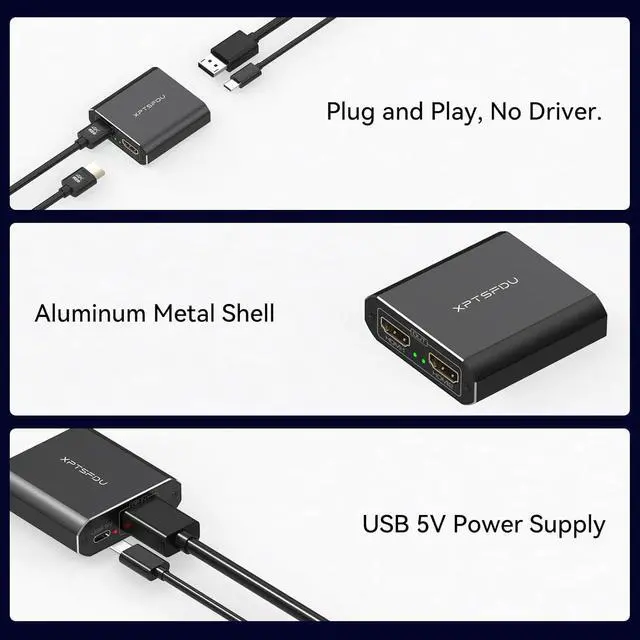 Alt view image 7 of 7 - DisplayPort to HDMI Splitter 4K60Hz DP to Dual HDMI Splitter 1 in 2 Out Extended Display with Power Cable Supports Extended and Mirror Mode for Windows (Mac OS only Supports Mirror Mode)