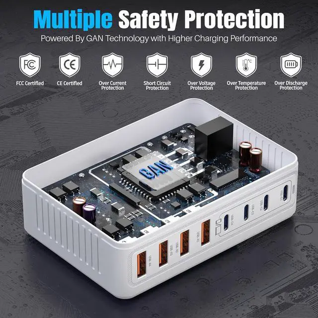 Alt view image 2 of 6 - 200W GaN III 8-Ports USB C Fast Charger, Type C Block, QC4.0 Fast Phone Charging Station Hub PD 65W Charger Power Adapter for iPad/Air/Pro/iPhone 17/16 MacBook Pro/Air, Galaxy Phones, Tablet