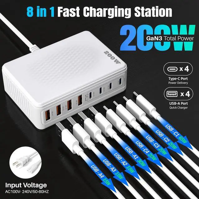 Alt view image 3 of 6 - 200W GaN III 8-Ports USB C Fast Charger, Type C Block, QC4.0 Fast Phone Charging Station Hub PD 65W Charger Power Adapter for iPad/Air/Pro/iPhone 17/16 MacBook Pro/Air, Galaxy Phones, Tablet