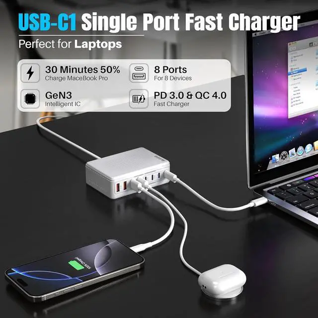 Alt view image 6 of 6 - 200W GaN III 8-Ports USB C Fast Charger, Type C Block, QC4.0 Fast Phone Charging Station Hub PD 65W Charger Power Adapter for iPad/Air/Pro/iPhone 17/16 MacBook Pro/Air, Galaxy Phones, Tablet