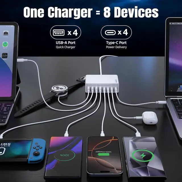 Alt view image 4 of 6 - 200W GaN III 8-Ports USB C Fast Charger, Type C Block, QC4.0 Fast Phone Charging Station Hub PD 65W Charger Power Adapter for iPad/Air/Pro/iPhone 17/16 MacBook Pro/Air, Galaxy Phones, Tablet