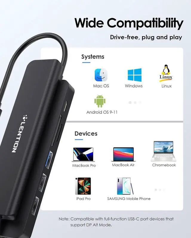 Alt view image 7 of 7 - LENTION USB C Hub with 100W Charging, 4K@60Hz HDMI, Dual Card Reader, USB 3.0 & 2.0 Compatible 2024-2016 MacBook Pro, New Mac Air/Surface, Chromebook, More, Stable Driver Adapter (CB-CE18p.Black)