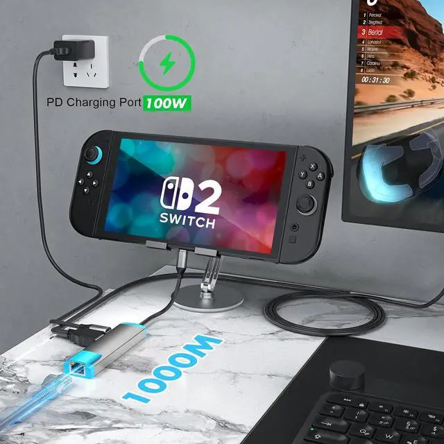 Alt view image 2 of 7 - USB C to HDMI Adapter for Switch 2,USB C Docking Station with 4K@60Hz HDMI Port/Type-C PD Port/USB 3.0 Port/1000M LAN Port,Replacement for Official Switch 2/Switch/Switch OLED/Steam Deck Dock