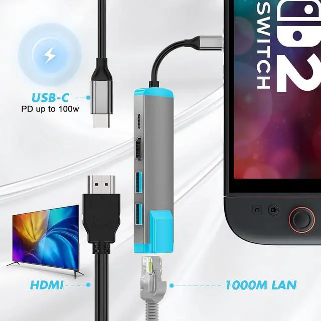 Alt view image 5 of 7 - USB C to HDMI Adapter for Switch 2,USB C Docking Station with 4K@60Hz HDMI Port/Type-C PD Port/USB 3.0 Port/1000M LAN Port,Replacement for Official Switch 2/Switch/Switch OLED/Steam Deck Dock