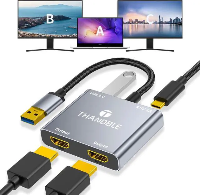 Main image of 4 in 1 USB to Dual HDMI Adapter 1080P 60Hz, USB A 3.0 to HDMI Adapter for Laptop, PC, Desktop, Compatible with Mac OS, Windows 7/8/10/11 - Requires Driver Installation