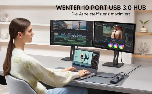 Alt view image 7 of 7 - Boost Your Device Performance With Our Aluminum USB 3.0 Hub! 10-Port Splitter for Seamless Connectivity - 7 High-Speed Data Transfer, 2 Intelligent Charging, 1 PD Charging