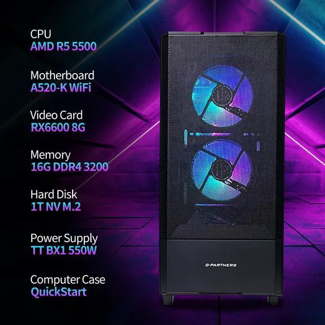 Alt view image 2 of 7 - ZYNEEX Gaming PC Desktop, AMD Ryzen 5 5500 (4.2GHz Turbo), RX6600 8GB GDDR6, 16GB DDR4 RAM 3200MHz, 1TB NVME SSD, Air Cooling, WiFi Prebuilt Gaming Computer Windows 11