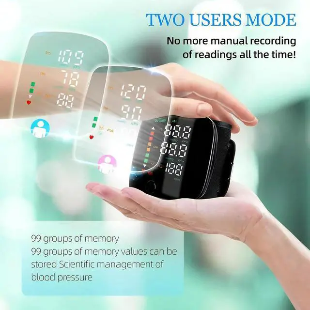 Alt view image 6 of 7 - Wrist Blood Pressure Monitor LED Display, Touch Screen Wrist Blood Pressure Cuff 99x2 Reading Memory Wrist Bp Monitor with Carrying Case(Black)