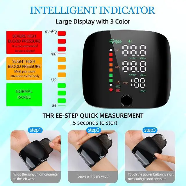 Alt view image 7 of 7 - Wrist Blood Pressure Monitor LED Display, Touch Screen Wrist Blood Pressure Cuff 99x2 Reading Memory Wrist Bp Monitor with Carrying Case(Black)