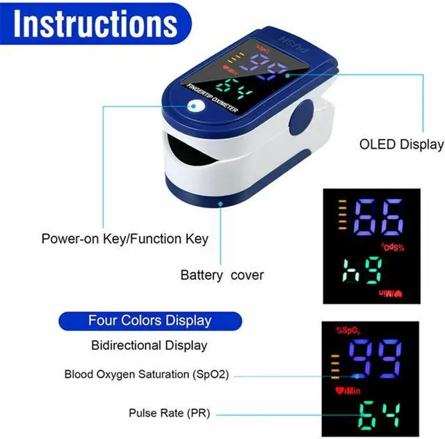 Alt view image 7 of 7 - Fingertip Pulse Oximeter,Blood Oxygen Saturation Monitor (SpO2) with Pulse Rate Measurements and Pulse Bar Graph,Portable Digital Reading LED 4 Colors Display
