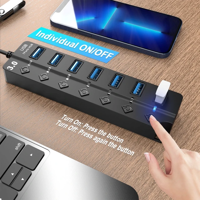 Alt view image 2 of 6 - 7 Port USB Hub Splitter 3.0 for Laptop Desktop USB Adapter with Individual Switches