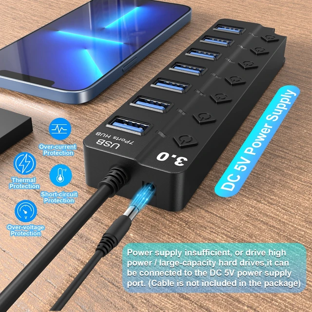 Alt view image 3 of 6 - 7 Port USB Hub Splitter 3.0 for Laptop Desktop USB Adapter with Individual Switches