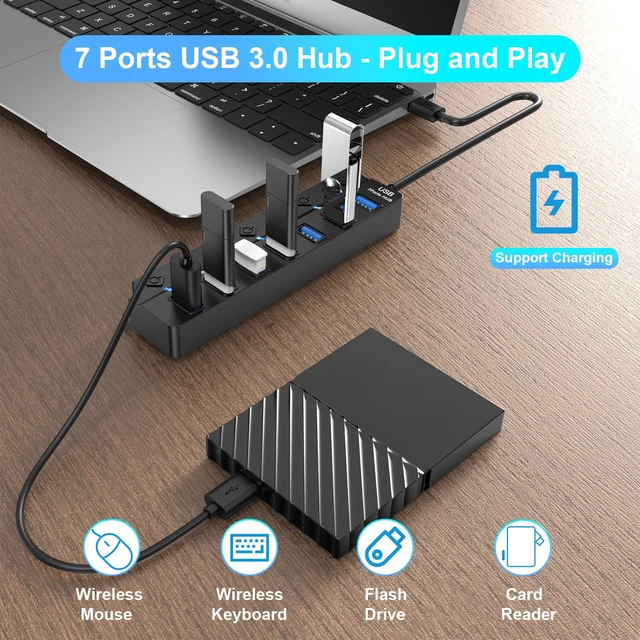 Alt view image 4 of 6 - 7 Port USB Hub Splitter 3.0 for Laptop Desktop USB Adapter with Individual Switches