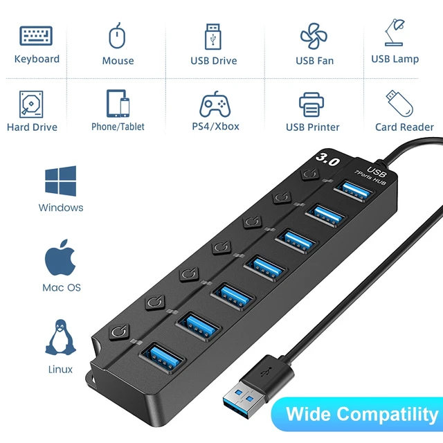 Alt view image 5 of 6 - 7 Port USB Hub Splitter 3.0 for Laptop Desktop USB Adapter with Individual Switches
