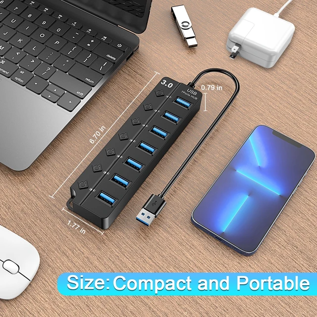 Alt view image 6 of 6 - 7 Port USB Hub Splitter 3.0 for Laptop Desktop USB Adapter with Individual Switches