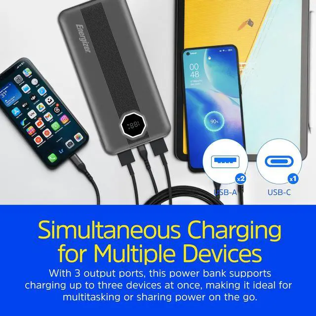 Alt view image 6 of 7 - Energizer 20000mAh Power Bank with USB A 22.5W & USB C 20W PD Fast Charging, LCD Display, Triple Outputs for Multiple Devices, Perfect for iPhone, Samsung, Android Devices, Tablets_UE20029PQ