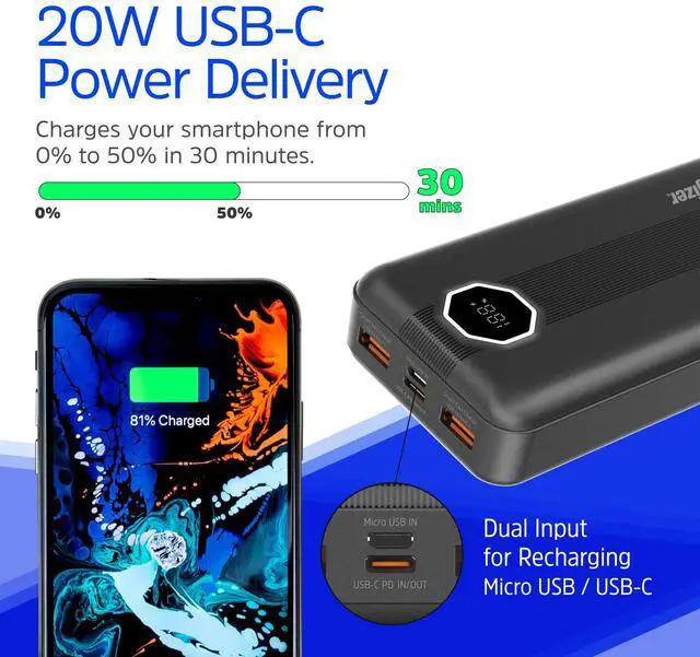 Alt view image 7 of 7 - Energizer 20000mAh Power Bank with USB A 22.5W & USB C 20W PD Fast Charging, LCD Display, Triple Outputs for Multiple Devices, Perfect for iPhone, Samsung, Android Devices, Tablets_UE20029PQ