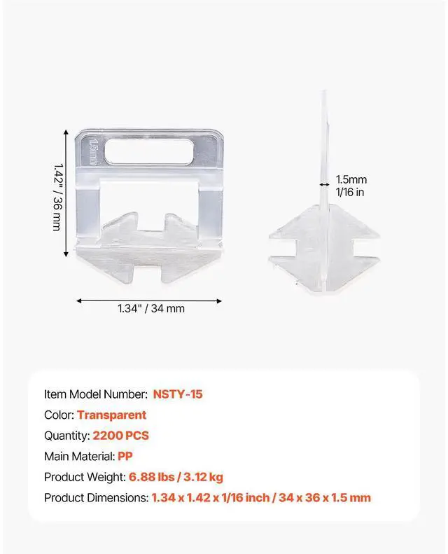 Alt view image 8 of 8 - VEVOR Tile Leveling System Clips, 2000-Piece 1/16" Tile Spacers Clips Tile Tools, 1.5mm Floor Wall Spacer Tiling Tool Set, Tile Installation Tools for Professional Ceramic Tile and Stone Installation