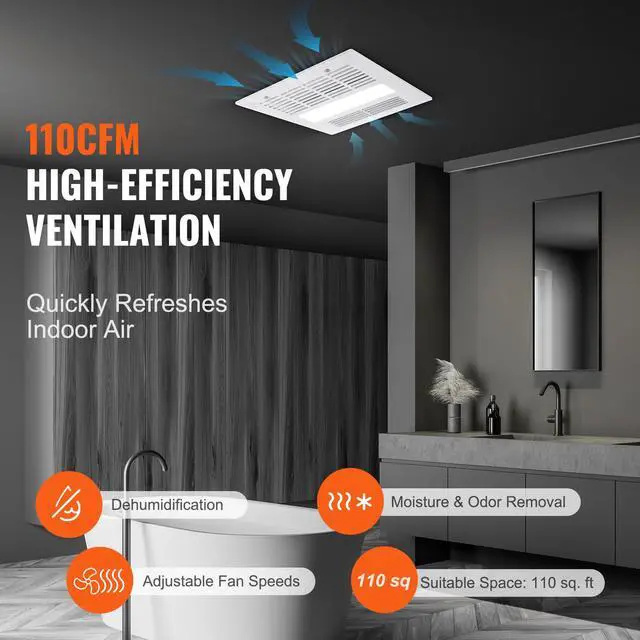 Alt view image 15 of 17 - VEVOR Bathroom Exhaust Fan, 1500W Heating, 110 CFM High-Efficiency Ventilation, 1.5sones Low Noise Operation, Energy-Saving Bathroom Ceiling Fan, Need For Attic Access, For Various Ceilings