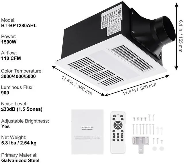 Alt view image 17 of 17 - VEVOR Bathroom Exhaust Fan, 1500W Heating, 110 CFM High-Efficiency Ventilation, 1.5sones Low Noise Operation, Energy-Saving Bathroom Ceiling Fan, Need For Attic Access, For Various Ceilings