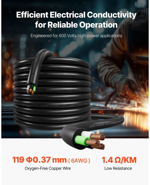 Alt view image 9 of 14 - 50 FT 6AWG Portable Electrical Power Cable Extension Cord Copper Wire 600V
