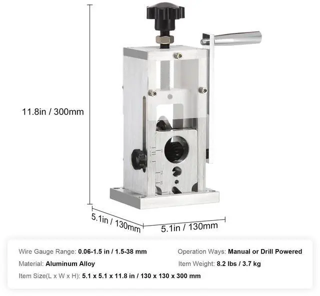 Alt view image 15 of 15 - VEVOR Manual Wire Stripping Machine, 0.06''-1.5'' Copper Stripper with Hand Crank or Drill Powered, Visible Stripping Depth Reference, Portable Aluminum Frame Wire Peeler for Scrap Copper Recycling