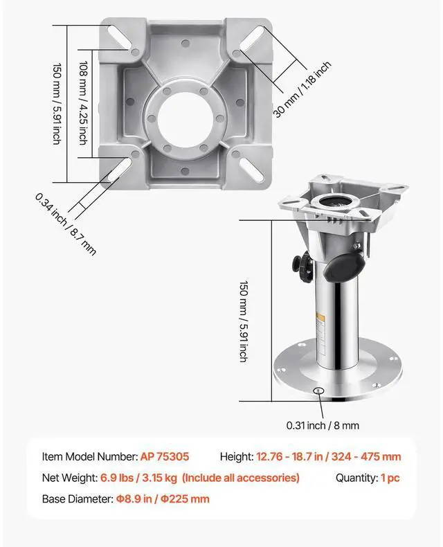 Alt view image 7 of 7 - Boat Seat Pedestal, Adjustable Height from 12.76 to 18.7 Inches, Aluminum Alloy Boat Chair Base with Locking Design, Waterproof & Rust-resistant, Ideal for Fishing and Boating Enthusiasts