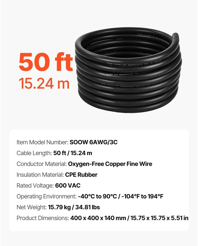 Alt view image 14 of 14 - 50 FT 6AWG Portable Electrical Power Cable Extension Cord Copper Wire 600V